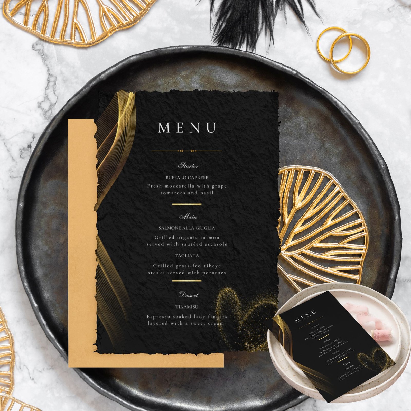 Black and gold wedding menu